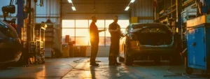 a well-lit automotive repair shop showcases skilled technicians engaged in a detailed discussion with a customer about vehicle issues, emphasizing communication and trust during quality repairs.