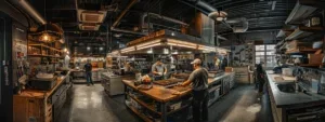 a well-lit, bustling auto repair shop showcases skilled technicians performing routine maintenance on cars, featuring state-of-the-art diagnostic equipment and organized service areas, epitomizing professional vehicle care and reliability.