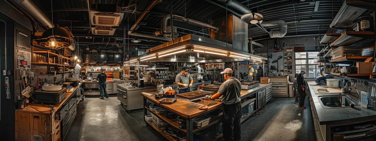 a well-lit, bustling auto repair shop showcases skilled technicians performing routine maintenance on cars, featuring state-of-the-art diagnostic equipment and organized service areas, epitomizing professional vehicle care and reliability.