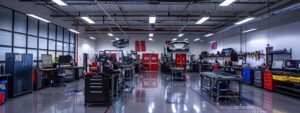a modern automotive training facility buzzes with activity as professionals engage with cutting-edge diagnostic equipment and digital repair tools, illuminated by bright overhead lights that emphasize the high-tech environment.