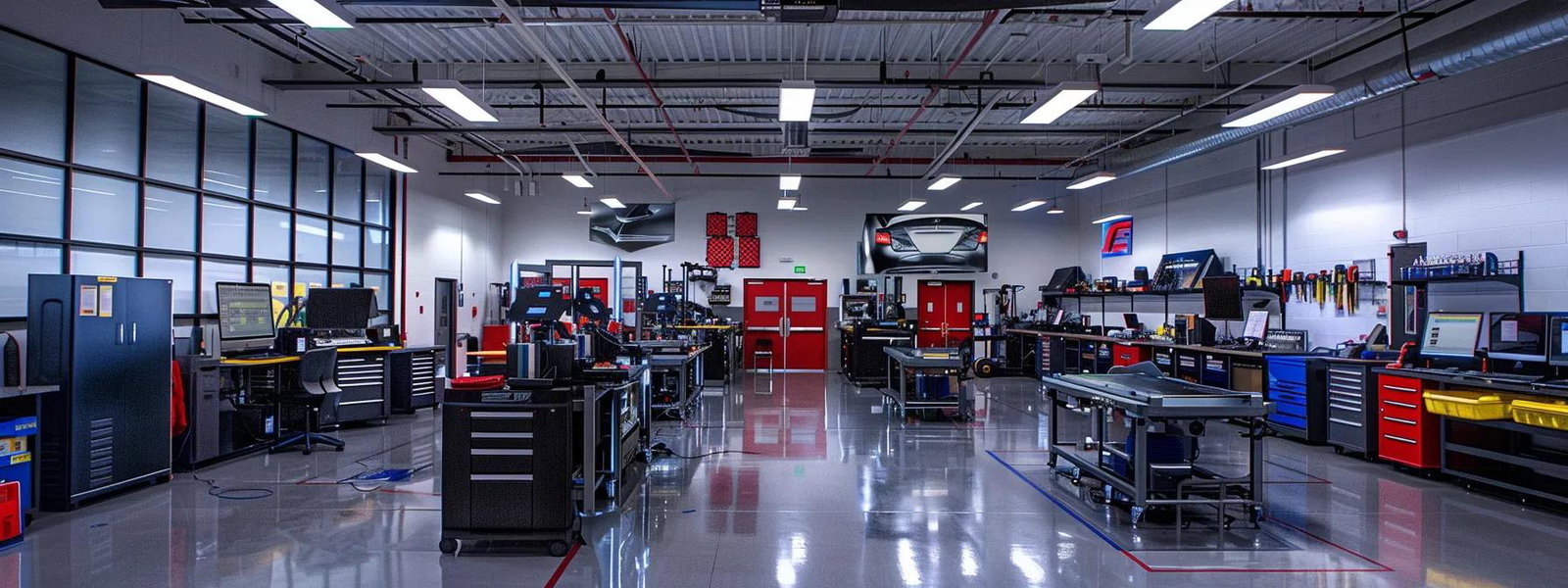 a modern automotive training facility buzzes with activity as professionals engage with cutting-edge diagnostic equipment and digital repair tools, illuminated by bright overhead lights that emphasize the high-tech environment.