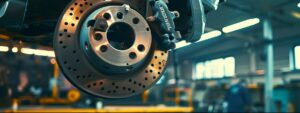 a close-up view of a vehicle's brake system in an illuminated workshop, showcasing worn brake pads and a mechanic evaluating their condition with focused intensity, conveying urgency and the importance of early detection.