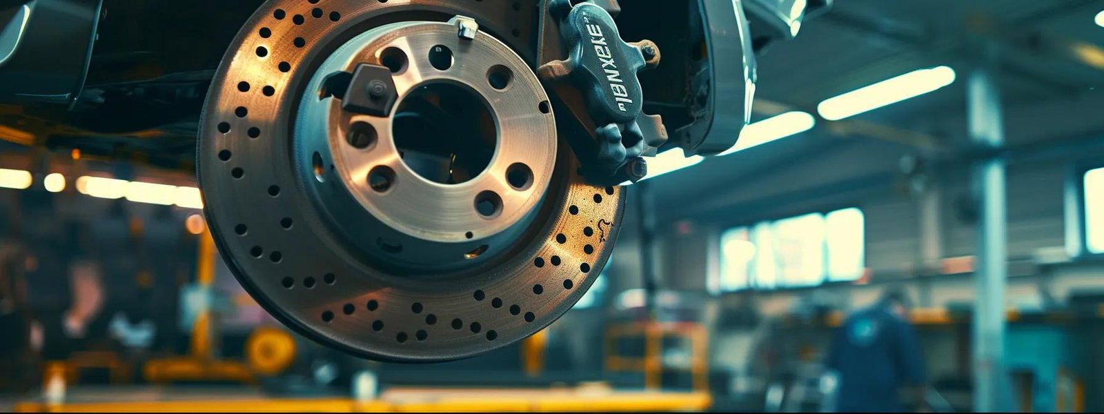 a close-up view of a vehicle's brake system in an illuminated workshop, showcasing worn brake pads and a mechanic evaluating their condition with focused intensity, conveying urgency and the importance of early detection.