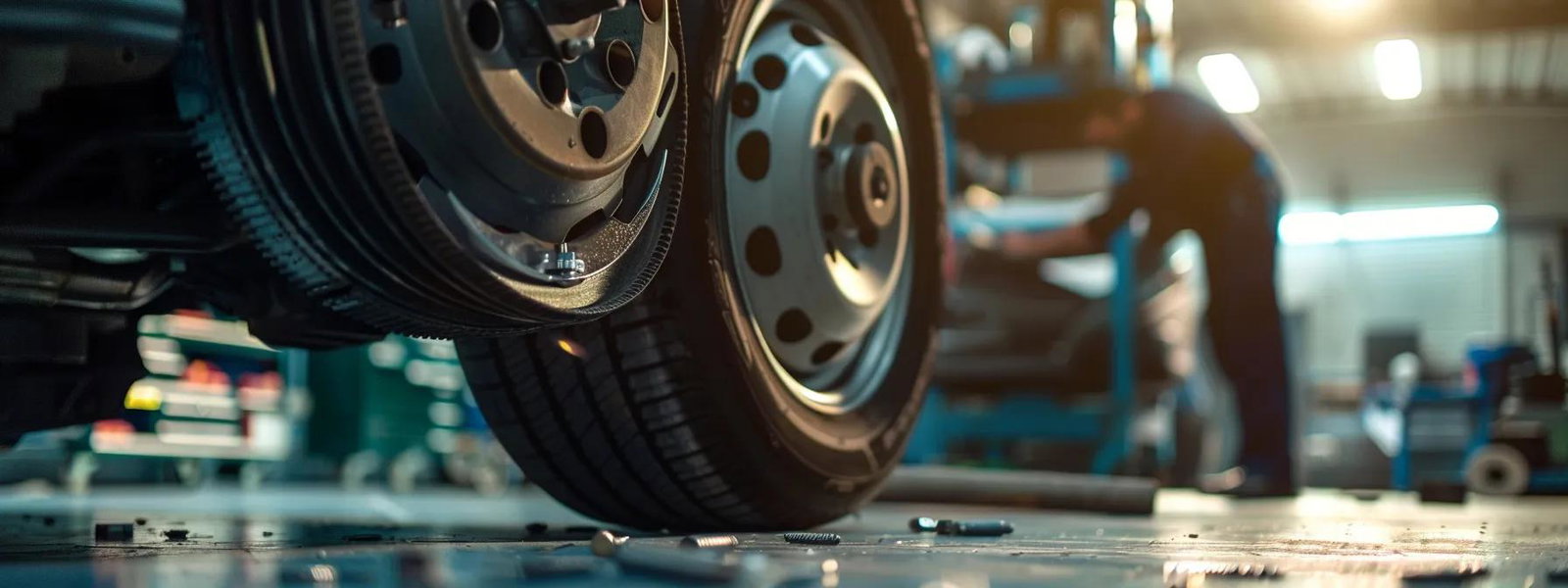 a close-up view of a mechanic inspecting a brake system in a well-lit garage, surrounded by tools and diagnostic equipment, showcasing the importance of routine maintenance for enhanced safety and performance.