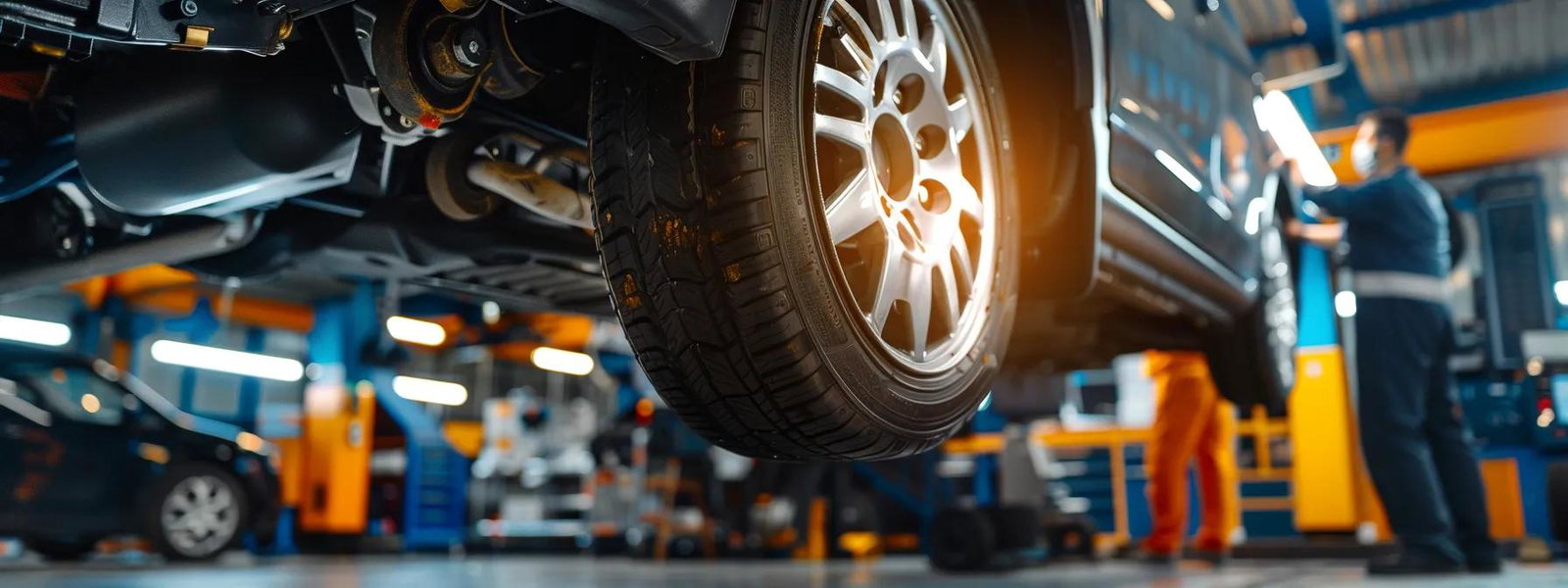 a close-up view of a modern automotive repair shop, showcasing a mechanic inspecting a vehicle's braking system, with diagnostic tools and parts organized neatly in the background under bright, focused overhead lighting.
