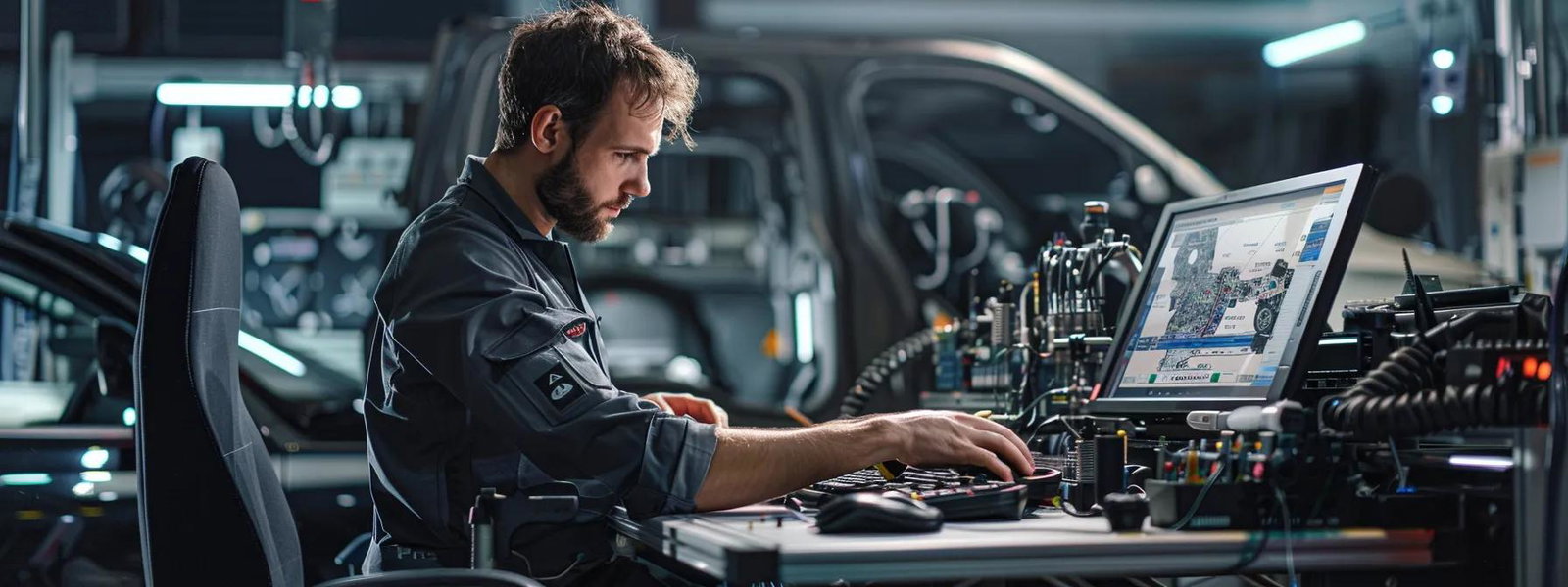 a focused automotive technician analyzes a high-tech diagnostic display in a modern workshop, surrounded by intricate vehicle components and diagnostic tools, highlighting the complexities and challenges of vehicle diagnostics.