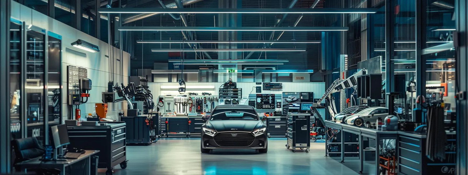 a modern automotive workshop showcases an array of advanced obd-ii scanners and diagnostic software displays, vividly illuminating the intricate communication between vehicle systems and their electronic control units amidst a high-tech, bustling environment.