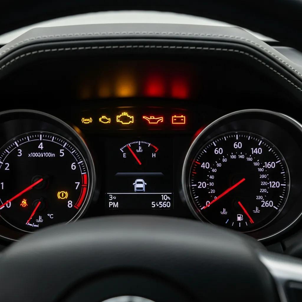 Car dashboard with warning lights indicating vehicle health and safety