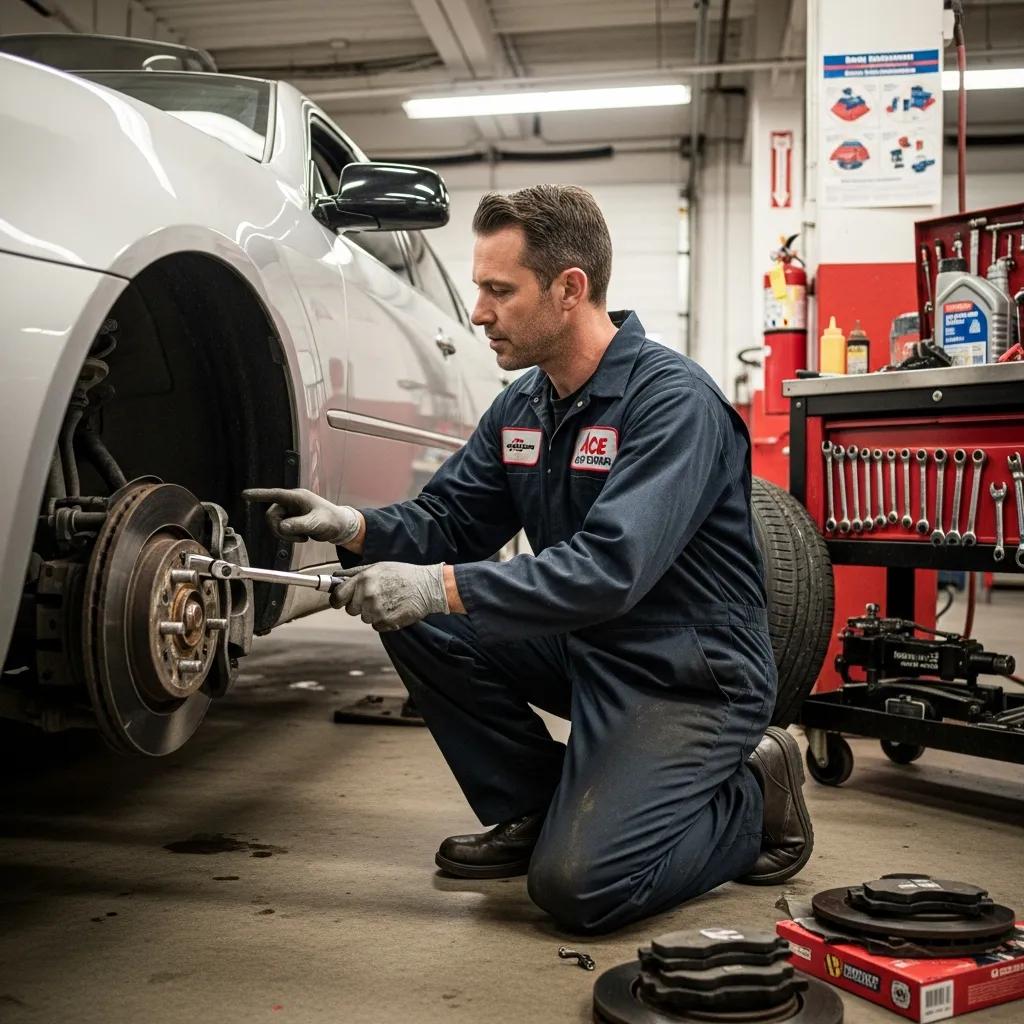 Mechanic inspecting vehicle brake system for safety and maintenance