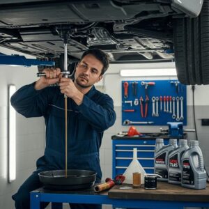 Mechanic performing an oil change in a garage, highlighting vehicle maintenance importance