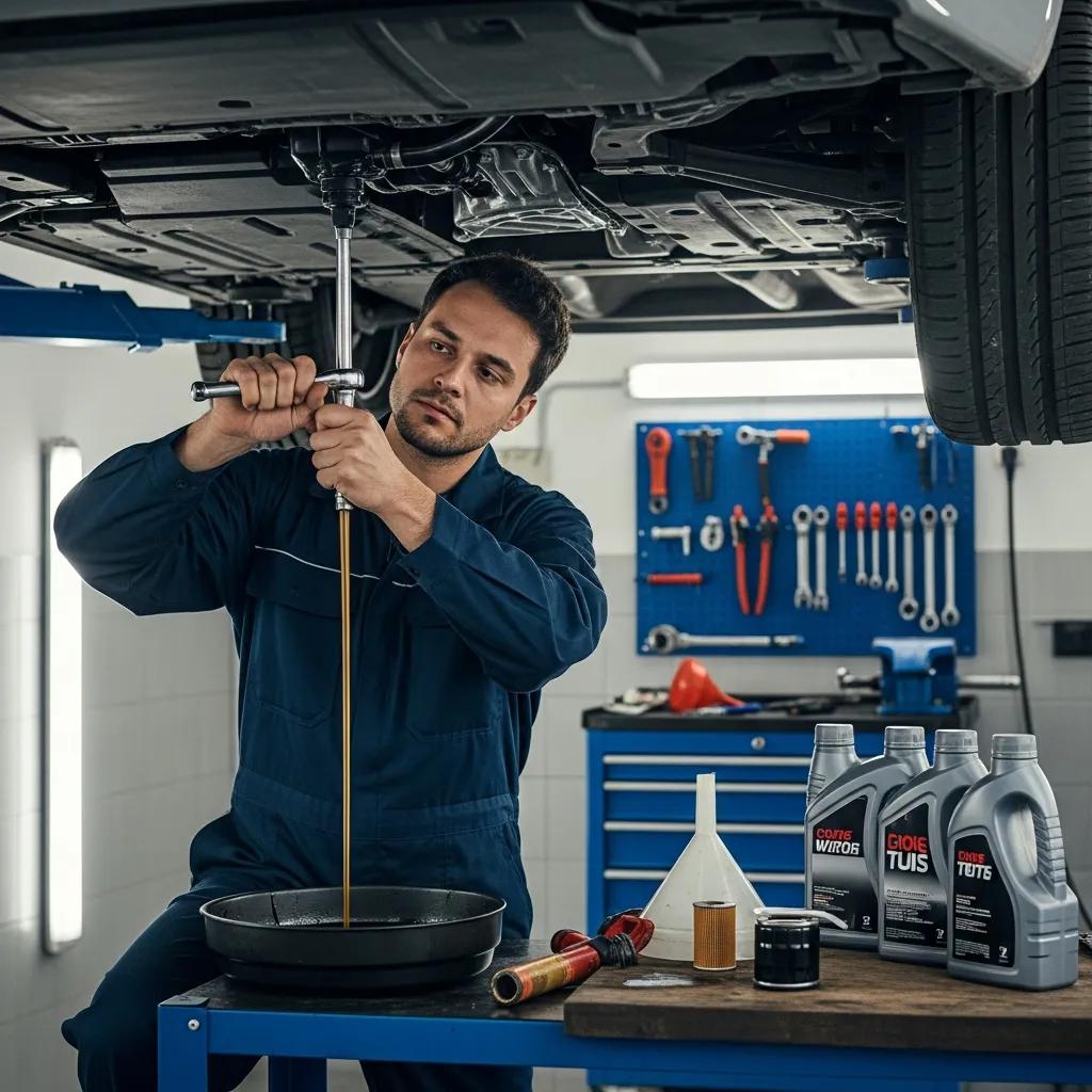 Mechanic performing an oil change in a garage, highlighting vehicle maintenance importance