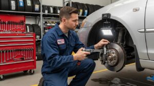 Auto mechanic inspecting vehicle brakes in a garage, emphasizing vehicle safety and repair expertise