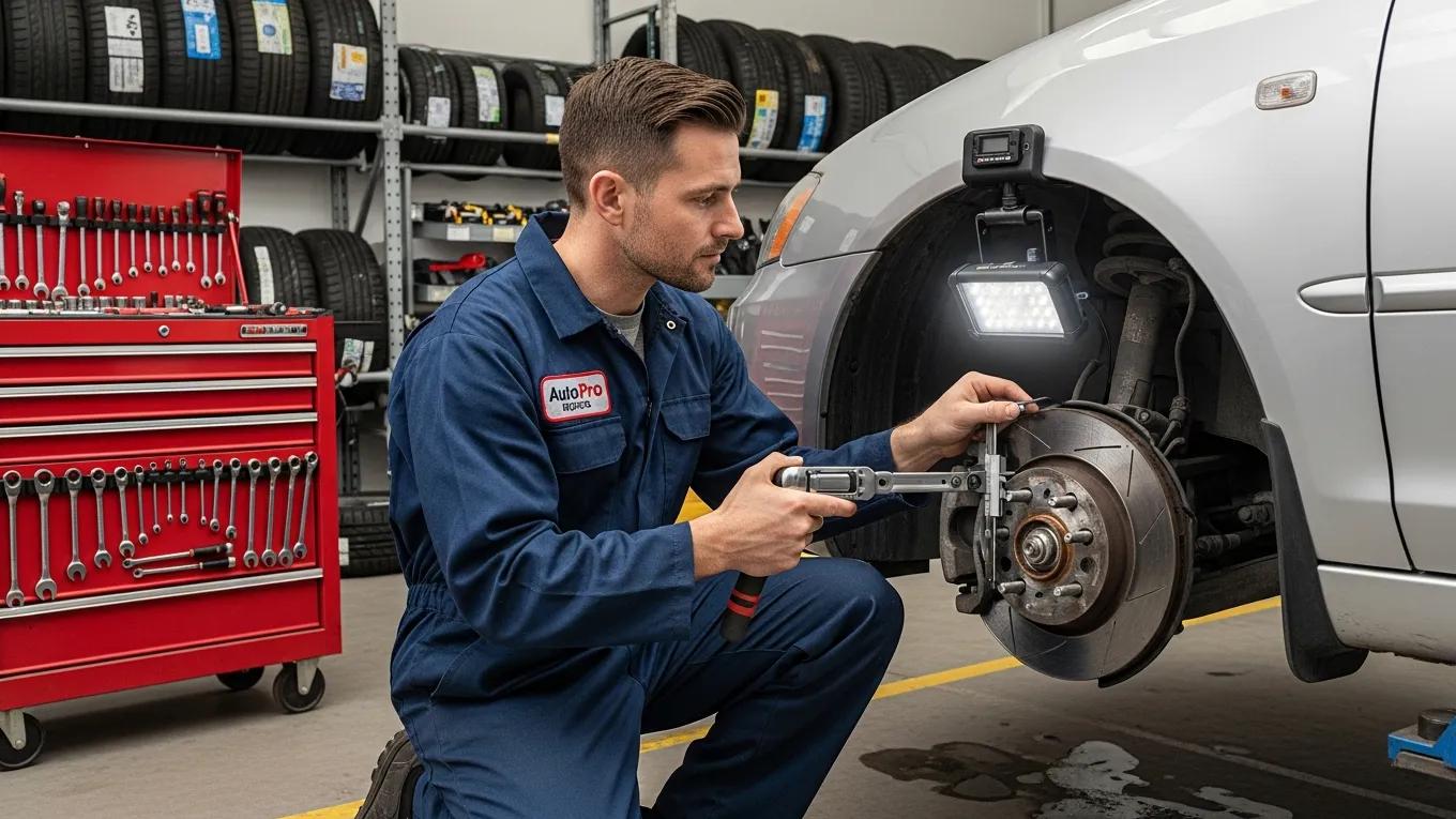Auto mechanic inspecting vehicle brakes in a garage, emphasizing vehicle safety and repair expertise