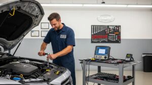 Certified auto mechanic working on a vehicle in a professional garage setting