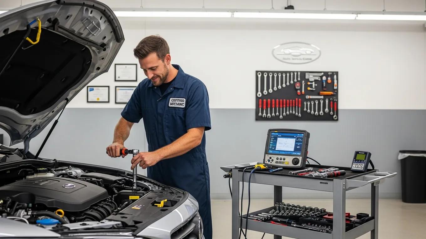 Certified auto mechanic working on a vehicle in a professional garage setting