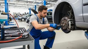 Mechanic inspecting a car's brake system in an auto repair shop