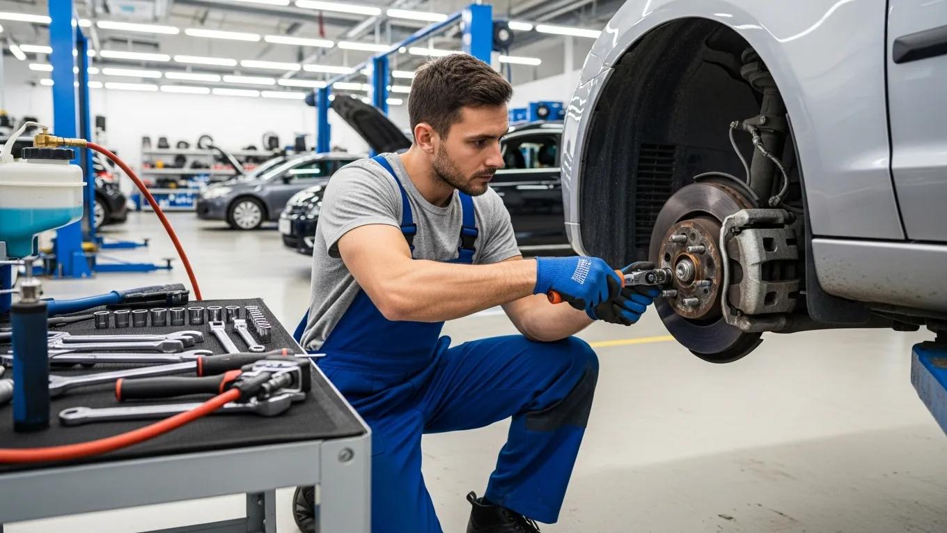 Mechanic inspecting a car's brake system in an auto repair shop