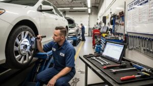 Mechanic inspecting a vehicle during a Pennsylvania state inspection