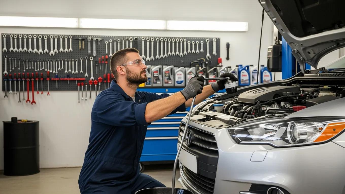 Mechanic performing an oil change in a clean automotive shop, highlighting quick and affordable service