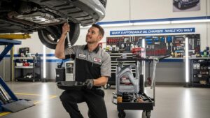 Mechanic performing an oil change in a professional garage, highlighting reliable service for vehicle owners