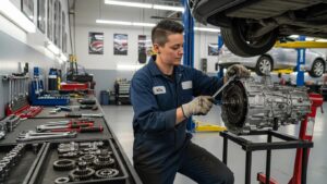 Mechanic repairing a car transmission in a professional auto shop