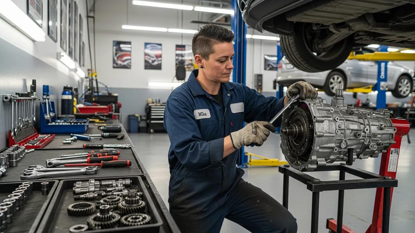 Mechanic repairing a car transmission in a professional auto shop